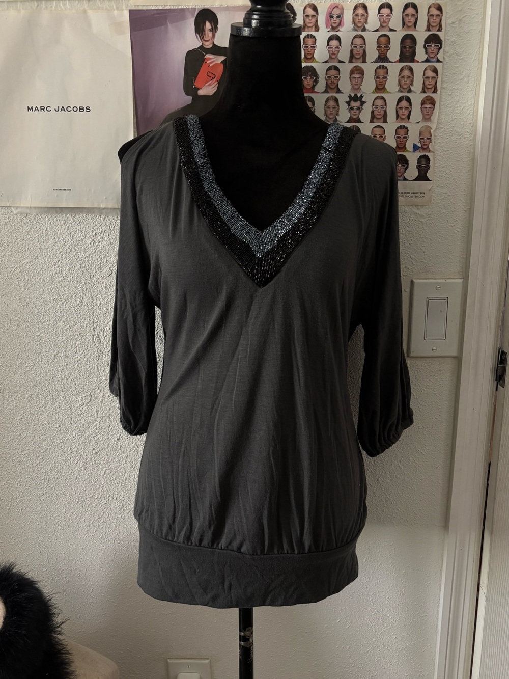 Self Esteem Black V-Neck Sequin Trim mini dress